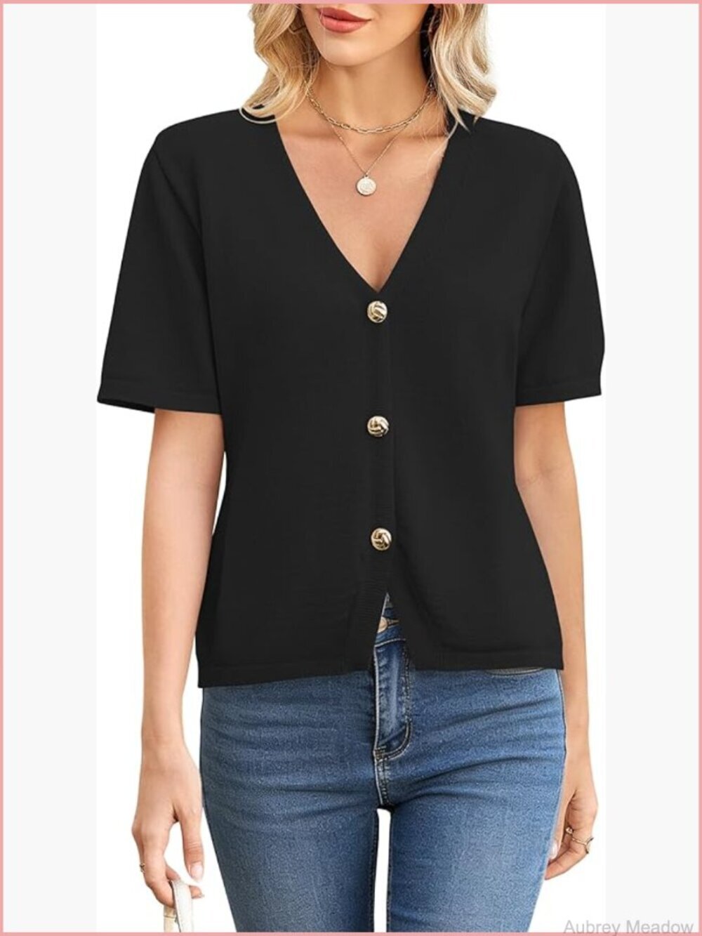 Short Sleeve V Neck Button Up Cardigan Lightweight Spring Knit Top